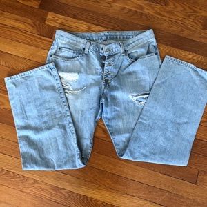 Ripped boyfriend button fly jeans